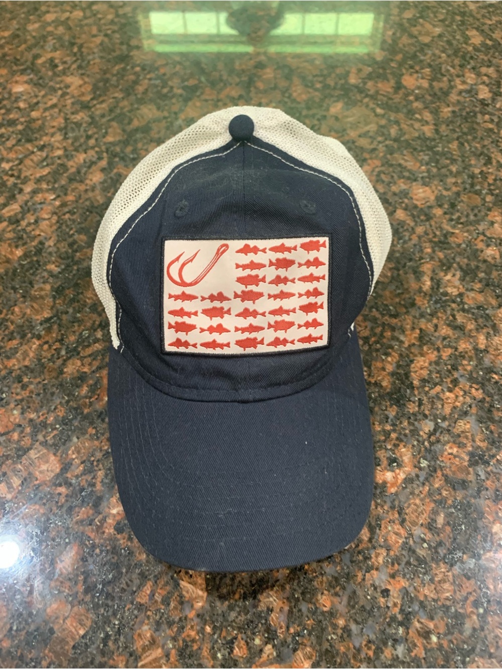 Field & Stream Navy and White Trucker Hat with Red Fish Patch